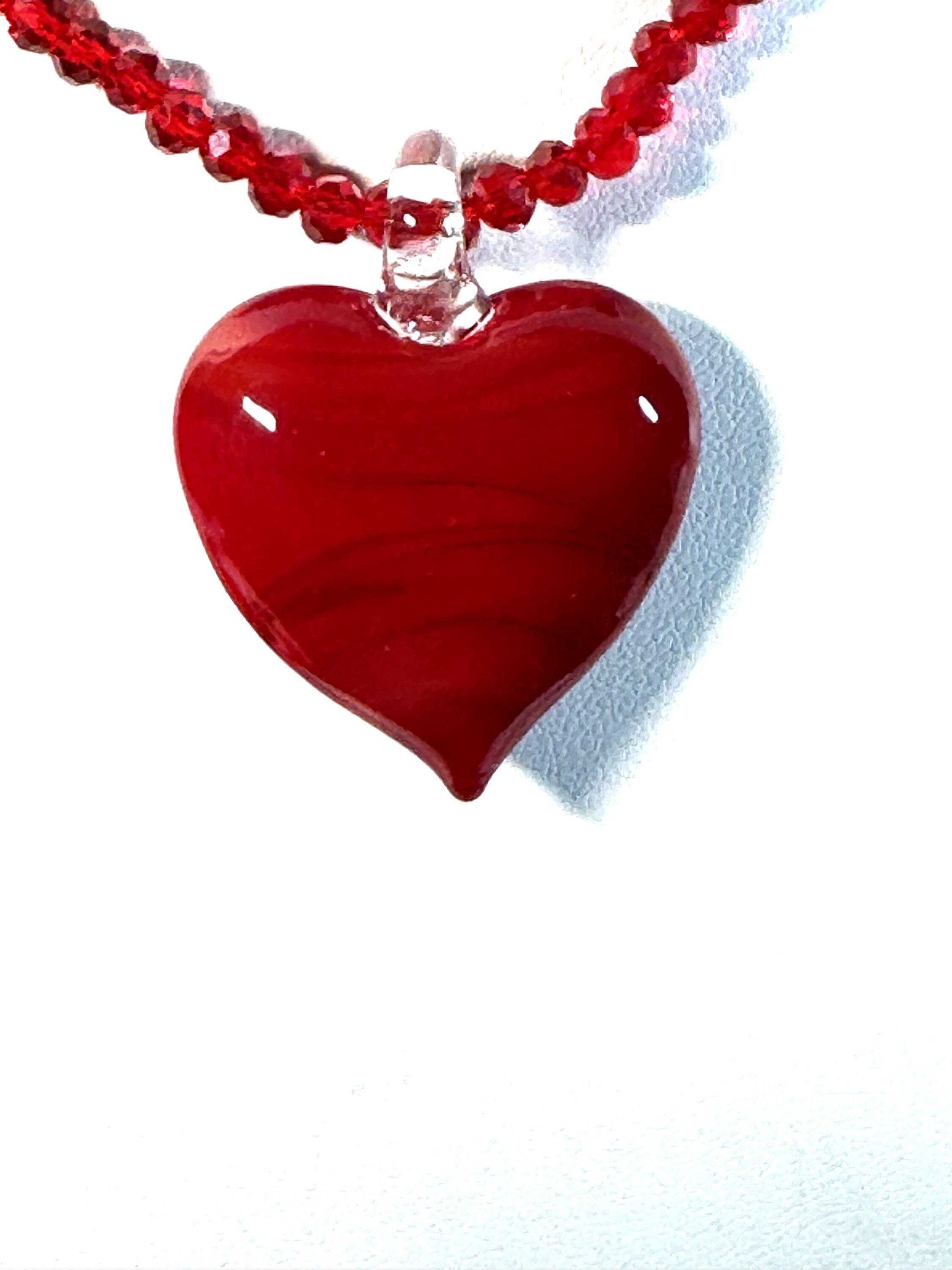 Collier Pendentif Cœur Style Murano Avec Chaîne Perles Rouges - Bijou Vintage, Occasion, Pièce Unique *4836