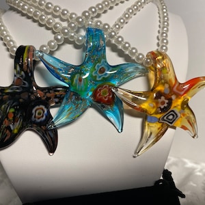 Murano glass starfish pendant, necklace, choker, clavicle, millefiore glass star, pearl necklace