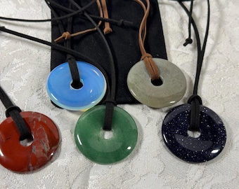 natural stone donut pendant necklace, adjustable suede cord, 40 mm