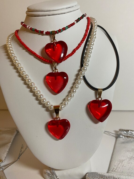 Pendentif coeur en verre rouge, collier, tour de cou, clavicule/collier grunge y2k/collier love