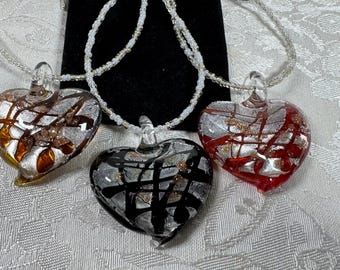 Murano inspired, heart shaped glass pendant, clavicle, necklace