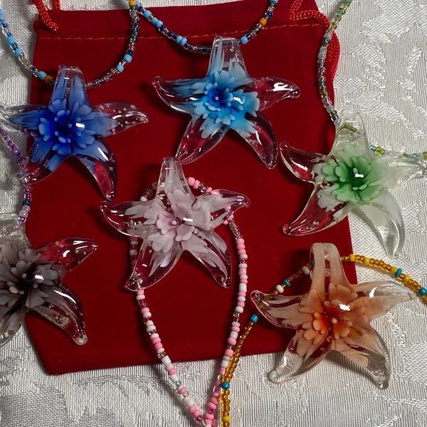 Murano style glass starfish pendant, necklace, clavicle, luminous glass star
