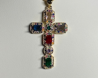 Golden cubic Zirconia cross pendant, necklace, First communion, Baptism, religious