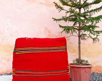 Vintage Moroccan Kilim Pouf:  ottoman Handwoven Wool Berber Floor Cushion