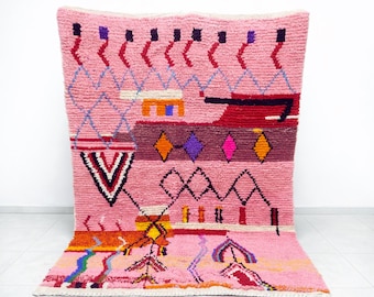 Handmade Pink Wool Rug – Custom Berber Azilal Carpet, Boho Geometric Design