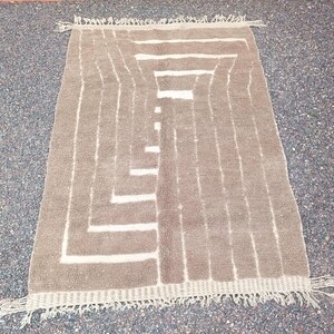 Moroccan Brown Wool Rug – Cream Geometric Handmade Berber Carpet – Minimalist Neutral Rug for Living Room or Office