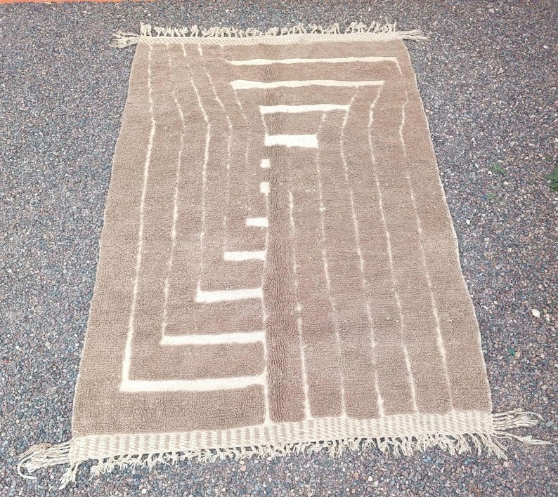 Moroccan Brown Wool Rug – Cream Geometric Handmade Berber Carpet – Minimalist Neutral Rug for Living Room or Office