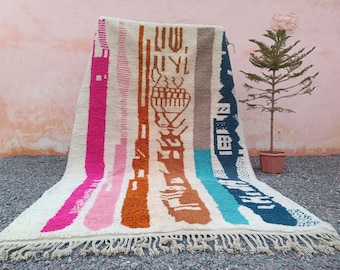 Berber Wool Rug - Handmade Carpet, Moroccan Boho  Decor, Artistic Tufted Area,Colourful Rugs