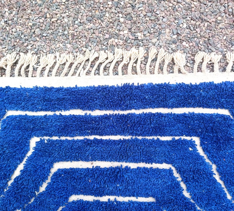 Handmade Moroccan Blue and White Rug – Authentic Beni Ourain Wool Carpet – Large Area Boho Rug