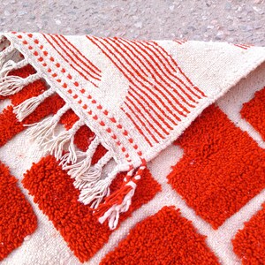 orange moroccan rug, handmade geometric wool carpet, modern boho floor rug, abstract wall decor, woven orange and ivory area rug, living room handmade mat, moroccan wool floor decor