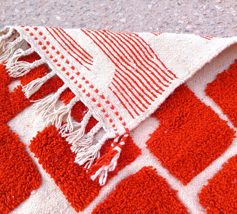 orange moroccan rug, handmade geometric wool carpet, modern boho floor rug, abstract wall decor, woven orange and ivory area rug, living room handmade mat, moroccan wool floor decor