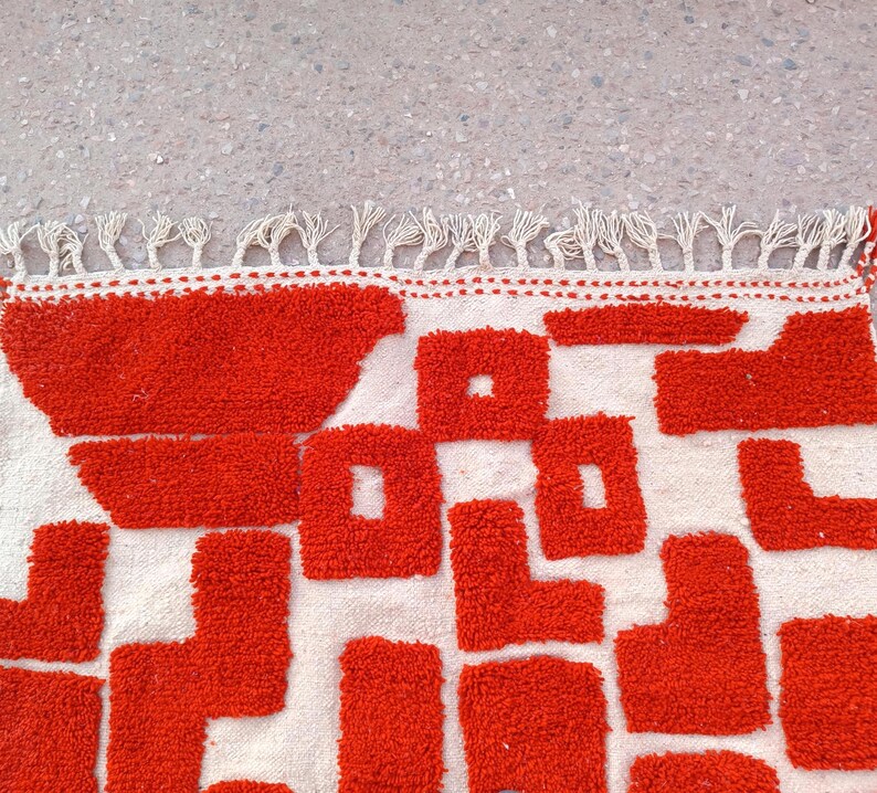 orange moroccan rug, handmade geometric wool carpet, modern boho floor rug, abstract wall decor, woven orange and ivory area rug, living room handmade mat, moroccan wool floor decor