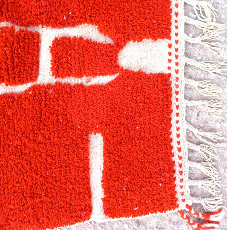 orange moroccan rug, handmade geometric wool carpet, modern boho floor rug, abstract wall decor, woven orange and ivory area rug, living room handmade mat, moroccan wool floor decor