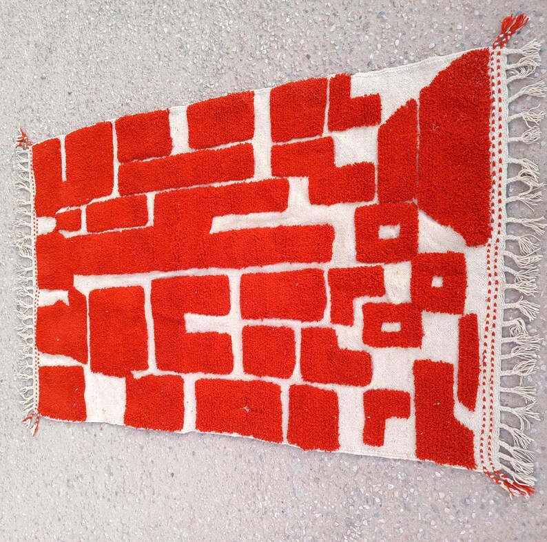 orange moroccan rug, handmade geometric wool carpet, modern boho floor rug, abstract wall decor, woven orange and ivory area rug, living room handmade mat, moroccan wool floor decor