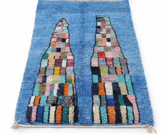 Handwoven Moroccan Wool Rug Blue Abstract Berber Geometric Boho Living Room Decor Custom Size