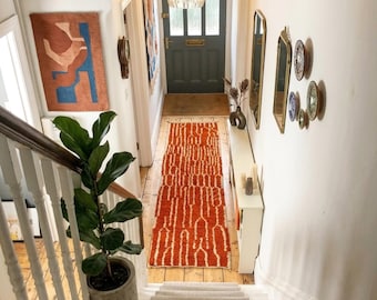 Handcrafted Burnt Orange Moroccan Runner Rug - Modern Beni Ourain Runner for Hallway, Entryway, Kitchen
