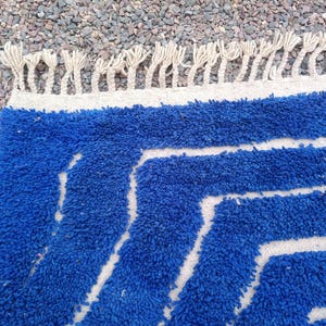 Solid Blue and White Moroccan Rug – Minimalist Bohemian Style – Handmade Wool Home Decor