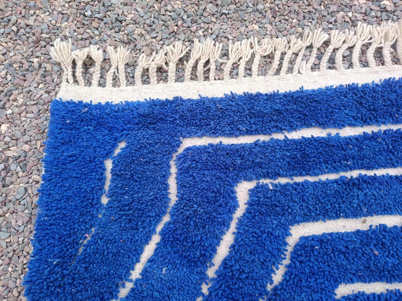 Solid Blue and White Moroccan Rug – Minimalist Bohemian Style – Handmade Wool Home Decor