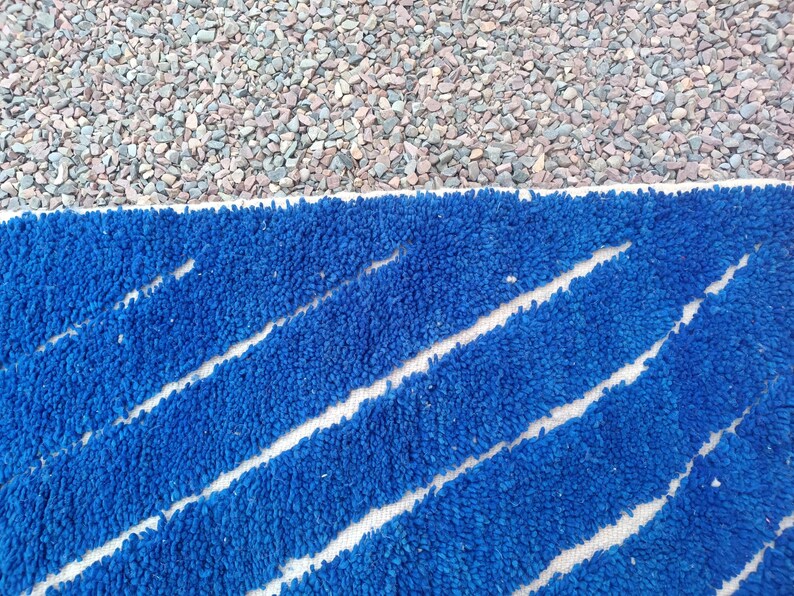 Blue Moroccan Berber Rug – White Patterned Beni Ourain – Custom Handmade Wool Area Carpet