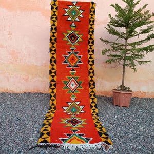 Handwoven Moroccan Runner Rug in Fiery Red — Authentic Berber Geometric Design, Cotton , Linen Threads — Unique Hallway or Bedroom Decor