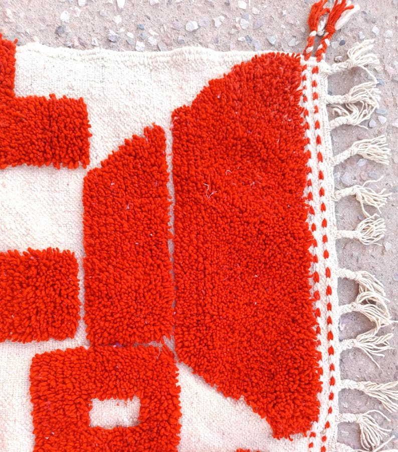 orange moroccan rug, handmade geometric wool carpet, modern boho floor rug, abstract wall decor, woven orange and ivory area rug, living room handmade mat, moroccan wool floor decor