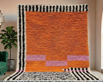 Handwoven Moroccan Wool Rug: Terracotta Orange Boho Striped Carpet