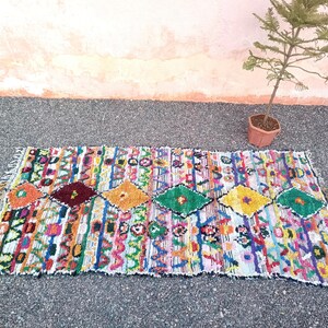 Large Berber kilim runner, handwoven with upcycled textiles in vibrant multicolor design.