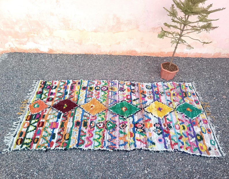 Large Berber kilim runner, handwoven with upcycled textiles in vibrant multicolor design.