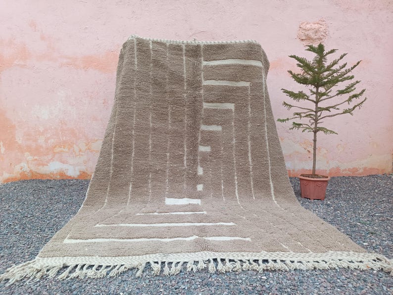 Handmade Moroccan Wool Rug – Brown Beige Geometric Berber Carpet – Neutral Boho Area Rug for Modern Home Décor
