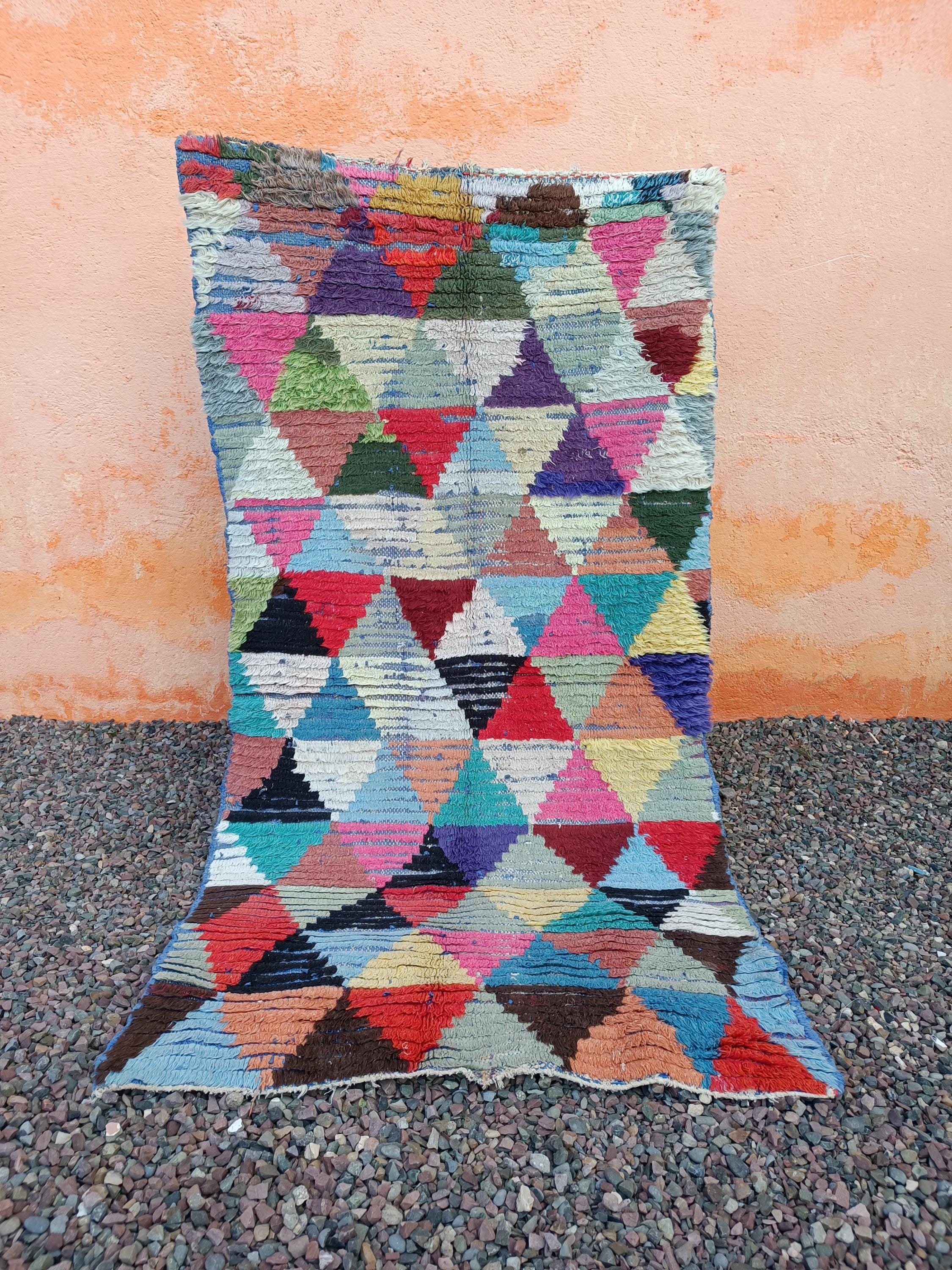 手織りモロッコランナーラグ：カラフルなベルベルリサイクル生地ラグ