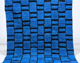 Handmade Blue Moroccan Rug – Area Carpet – Boho Berber Tasseled Home Decor