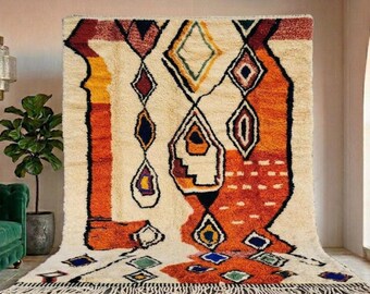 Handmade Orange Moroccan Rug – Berber Wool, Boho Home Decor - carpet for living room
