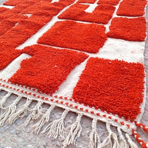 orange moroccan rug, handmade geometric wool carpet, modern boho floor rug, abstract wall decor, woven orange and ivory area rug, living room handmade mat, moroccan wool floor decor