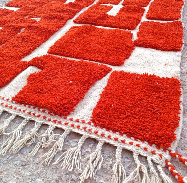 orange moroccan rug, handmade geometric wool carpet, modern boho floor rug, abstract wall decor, woven orange and ivory area rug, living room handmade mat, moroccan wool floor decor