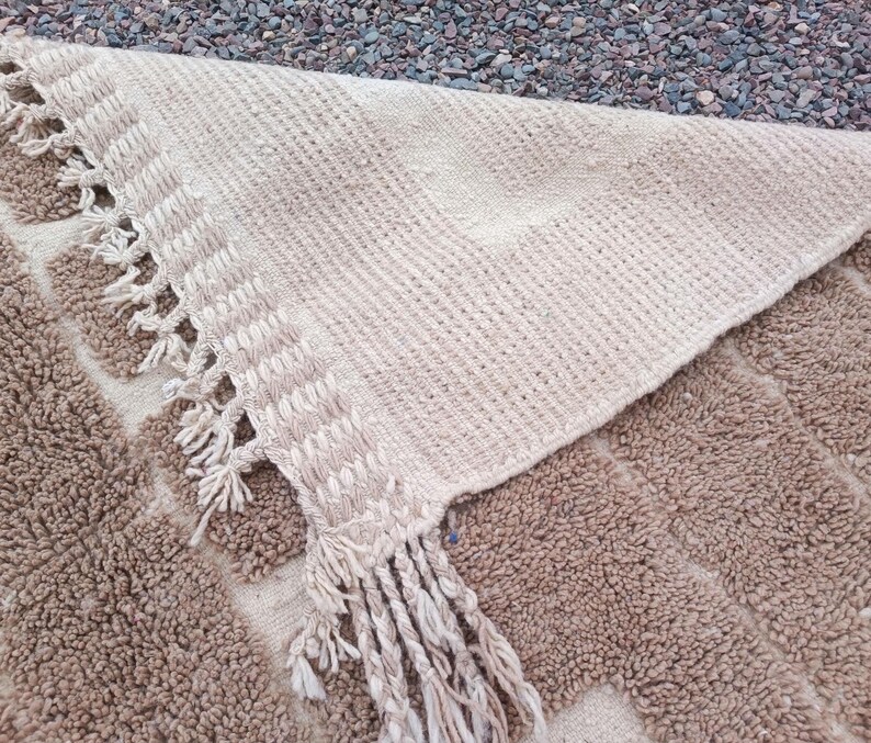 Authentic Moroccan Wool Rug – Handwoven Brown & Ivory Geometric Berber Carpet – Bohemian Neutral Area Rug