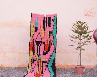 Handmade Pink Berber Runner Rug – Moroccan Wool Hallway Carpet – Beni Ourain Style