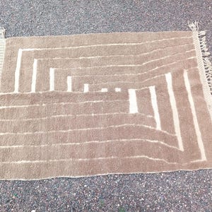 Handmade Moroccan Wool Rug – Brown Beige Geometric Berber Carpet – Neutral Boho Area Rug for Modern Home Décor