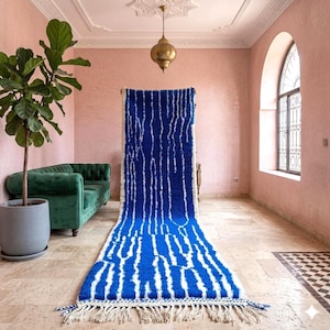 Alfombra de lana a medida – Alfombra bereber hecha a mano para pasillo – Alfombras de lana azules y blancas