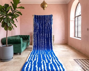 Custom wool runner Rug – Handmade Berber Hallway Carpet – Blue , White Wool Rugs