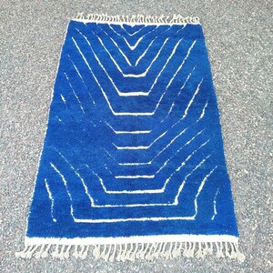 Solid Blue and White Moroccan Rug – Minimalist Bohemian Style – Handmade Wool Home Decor