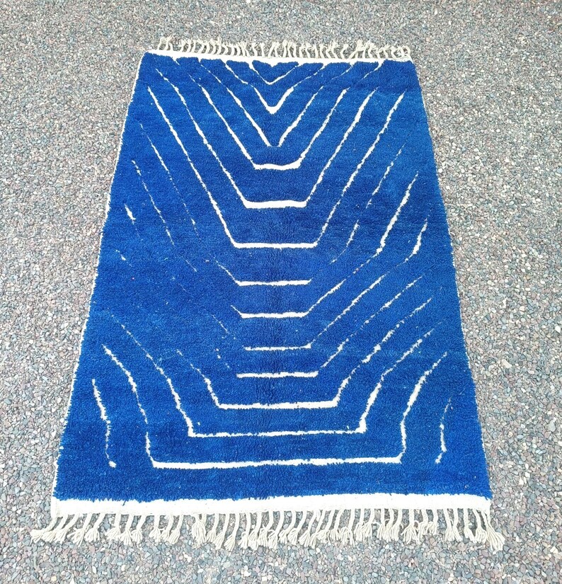 Solid Blue and White Moroccan Rug – Minimalist Bohemian Style – Handmade Wool Home Decor