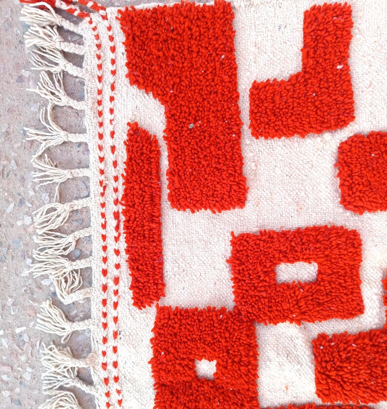 orange moroccan rug, handmade geometric wool carpet, modern boho floor rug, abstract wall decor, woven orange and ivory area rug, living room handmade mat, moroccan wool floor decor