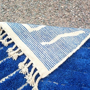 Blue Moroccan Berber Rug – White Patterned Beni Ourain – Custom Handmade Wool Area Carpet