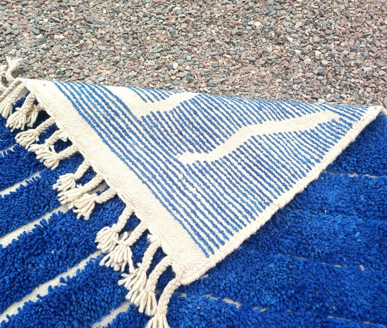Blue Moroccan Berber Rug – White Patterned Beni Ourain – Custom Handmade Wool Area Carpet