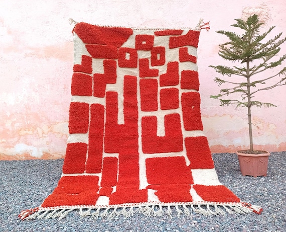 Modern Abstract  Rug | Handmade Wool Floor Carpet | Boho Geometric Orange Rugs | Handwoven berber Moroccan