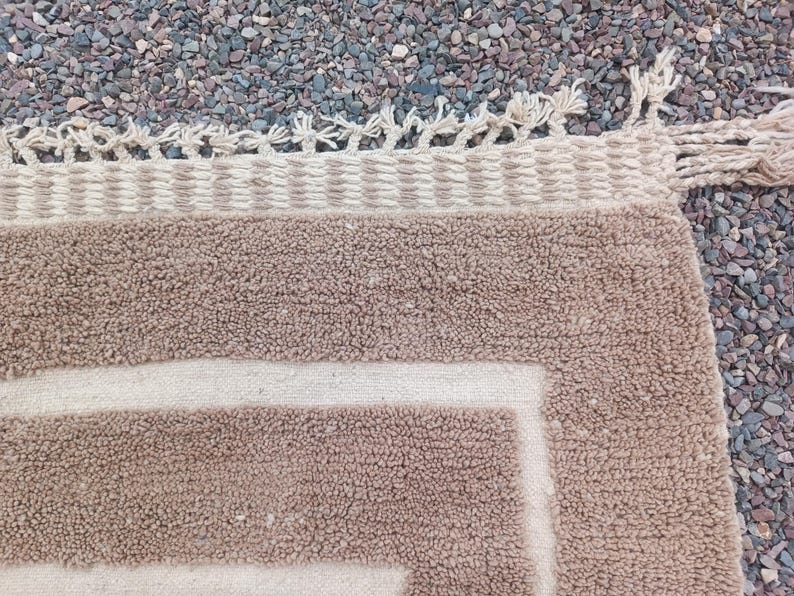 Boho Moroccan Rug – Handmade Brown Wool Carpet with Cream Geometric Design – Neutral Minimalist Area Rug