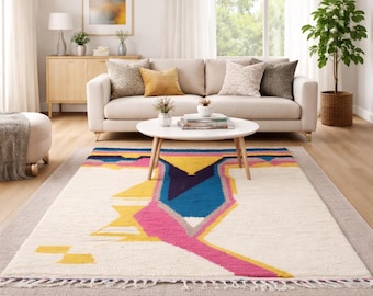 Handwoven Moroccan Wool Rug – Colorful Abstract Boho Carpet – Modern Beni Ourain Style Rug