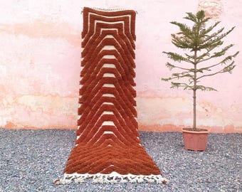 May include: A brown and white patterned rug with a chevron design. The rug has a textured, shaggy appearance and a white fringe. A small potted tree is to the right of the rug against a pink wall. The rug's dimensions are in centimeters.
