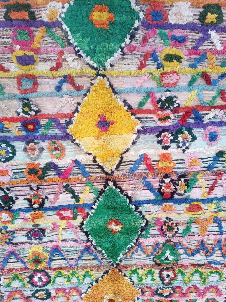 Large Berber kilim runner, handwoven with upcycled textiles in vibrant multicolor design.