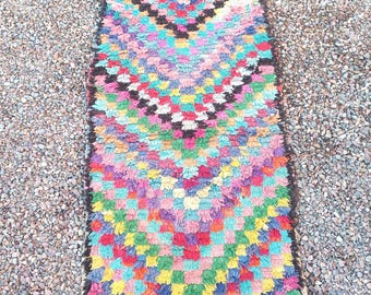 Vintage Moroccan Boucherouite Rug Runner : Handmade Boho Decor 4.4x2.5 ft